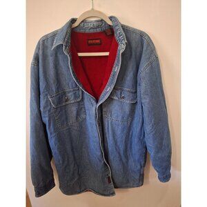 Wolverine Denim Sherpa Lined Work Shirt Jacket Blue Red Warm Workwear Size L.